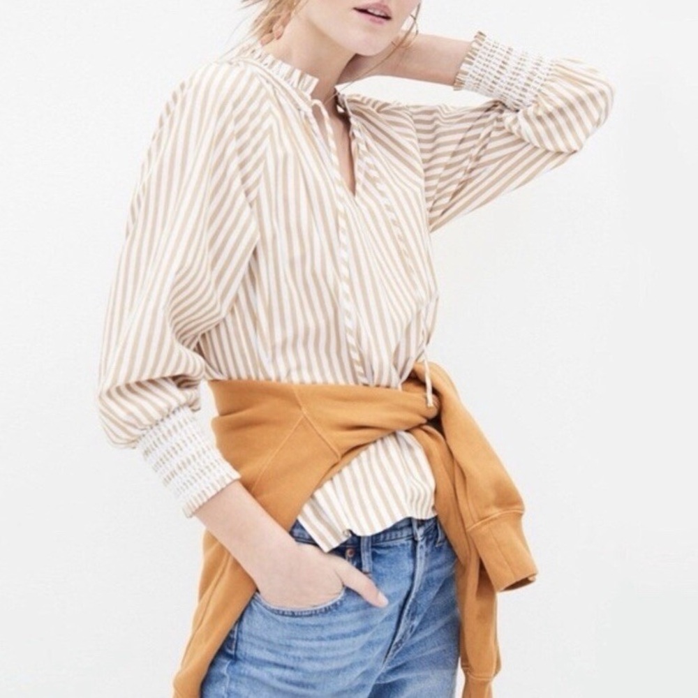 Smocked-cuff popover top in stripe size XS